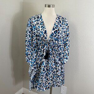 NEW $98 Tahari Womens Medium Blue Animal Print V Neck Poncho Coverup Dress